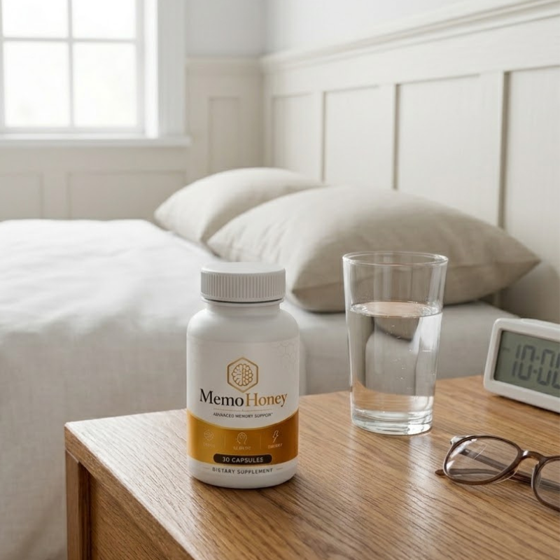MemoHoney bottle on a nightstand with a glass of water